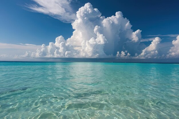 Piękna tropikalna pusta plaża, morze, ocean z białymi chmurami na niebieskim tle