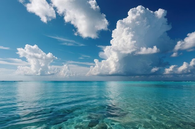 Piękna tropikalna pusta plaża, morze, ocean z białymi chmurami na niebieskim tle