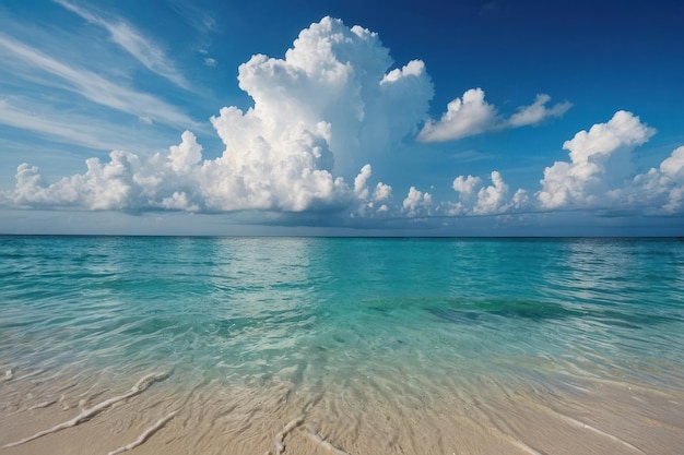 Piękna tropikalna pusta plaża, morze, ocean z białymi chmurami na niebieskim tle