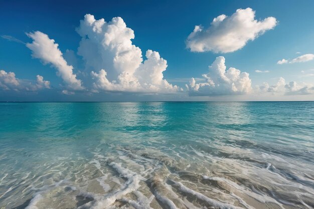 Piękna tropikalna pusta plaża, morze, ocean z białymi chmurami na niebieskim tle