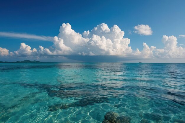 Piękna tropikalna pusta plaża, morze, ocean z białymi chmurami na niebieskim tle