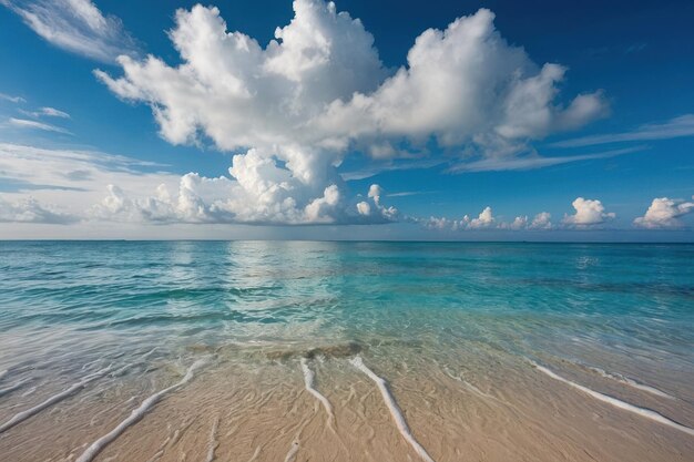 Piękna tropikalna pusta plaża, morze, ocean z białymi chmurami na niebieskim tle