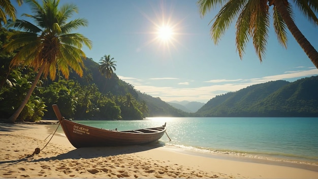 Piękna tropikalna rajska plaża z drewnianą łodzią i palmami w słoneczny letni dzień Doskonały kraj