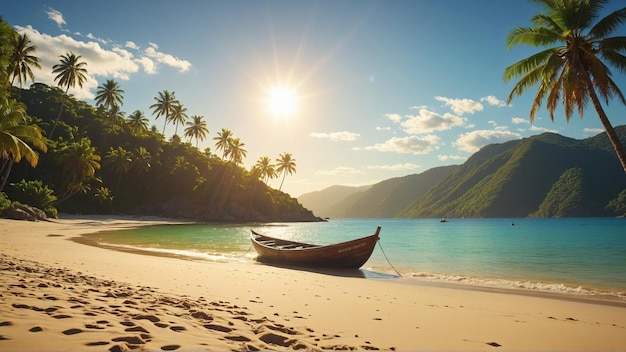 Piękna tropikalna rajska plaża z drewnianą łodzią i palmami w słoneczny letni dzień Doskonały kraj
