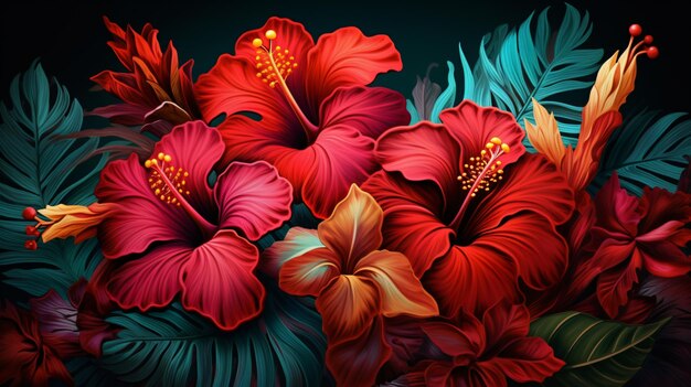 Piękna tropikalna scena z egzotycznymi kwiatami