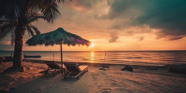Piękna tropikalna sceneria zachodu słońca dwa leżaki leżaki parasol pod palmą