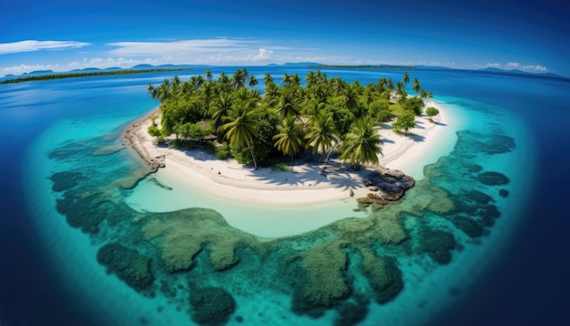 Piękna tropikalna wyspa z palmami w morzu, turkusową wodą, białym piaskiem, idealna do podróży wakacyjnych.