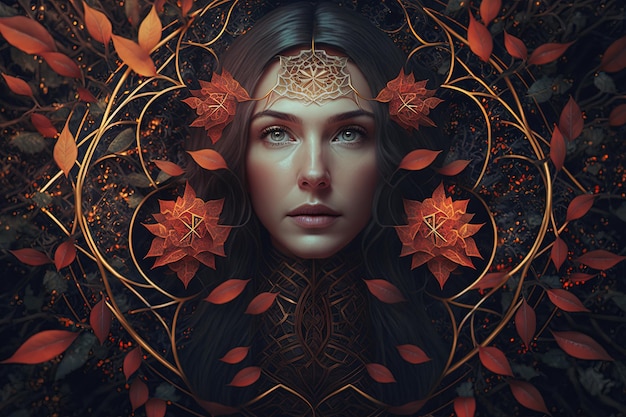 Zdjęcie piękna twarz kobiety otoczona jest magicznymi drzewami egzotycznego lasu kolorowymi, przesadzonymi, realistycznymi obrazami.