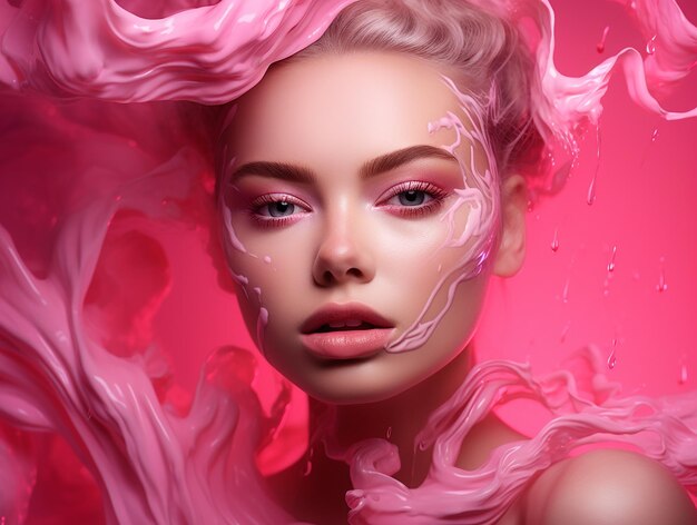 Piękna twarz kobiety pomalowana na różowo, pomalowana różowym makijażem