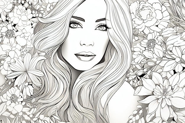 Piękna twarz kobiety z długimi włosami i kwiatami