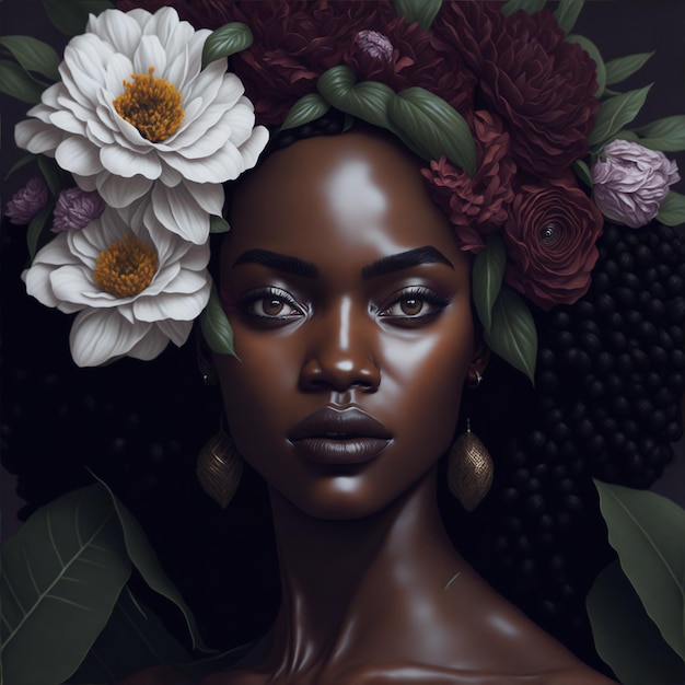 piękna twarz kobiety z kwiatami ciemna skóra w stylu boho minimalistyczny realistyczny