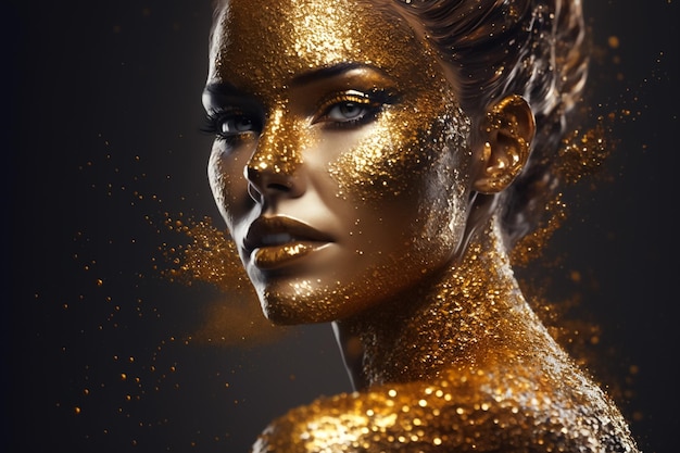 Piękna twarz kobiety ze złotymi artystycznymi błyszczy makijażem