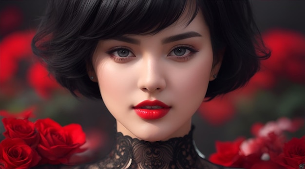 Piękna Twarz Młodej Kobiety Czarne Długie Fryzury Z Czerwonymi Ustami AI Generative