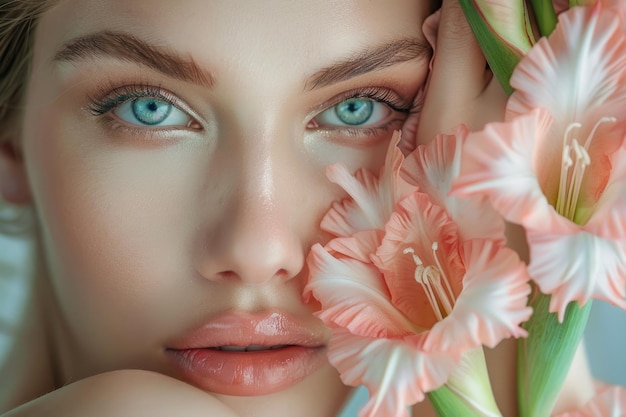 Zdjęcie piękna twarz z kwiatami gladiolus