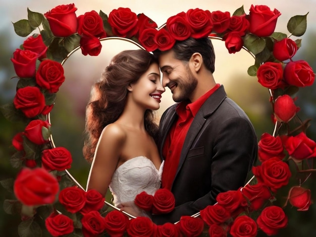 Zdjęcie piękna twarz złota ramka serca z czerwoną różą na okładce realistyczne zdjęcie
