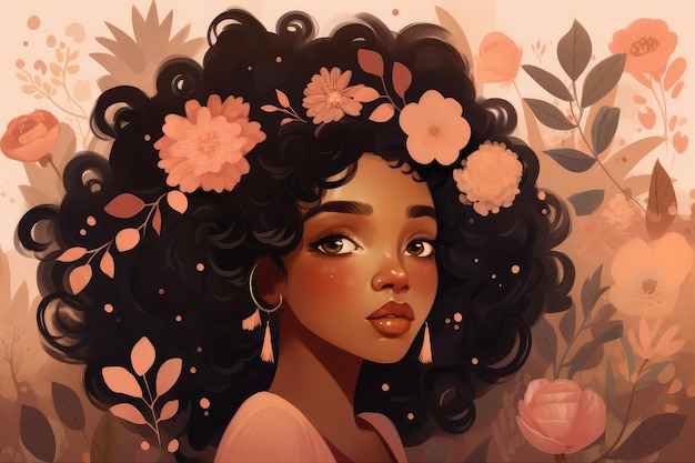 Piękna uśmiechnięta czarna kobieta z brązowymi liśćmi na włosach Piękno i natura Generatywna sztuczna inteligencja