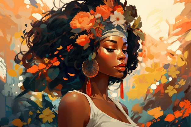 Piękna uśmiechnięta czarna kobieta z brązowymi liśćmi na włosach Piękno i natura Generatywna sztuczna inteligencja