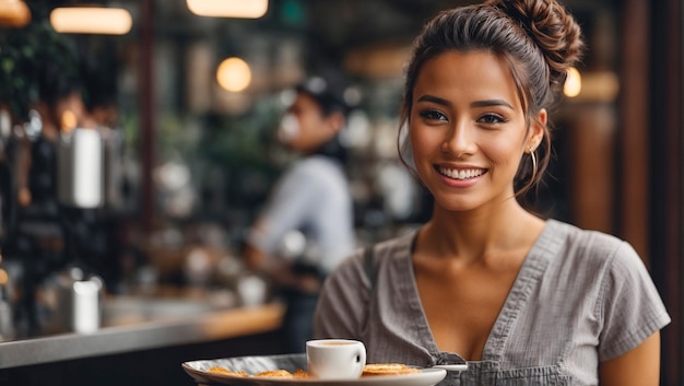 Piękna uśmiechnięta dziewczyna barista w kawiarni