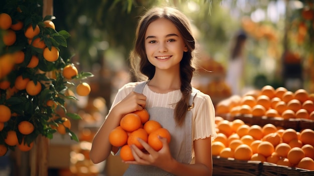 Piękna uśmiechnięta dziewczyna sprzedająca pomarańcze przed pomarańczowym ogrodem