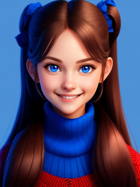 Piękna uśmiechnięta dziewczyna z długimi włosami bliźniaczymi ogonami, niebieskimi oczami, czerwonym swetrem, prostym tłem