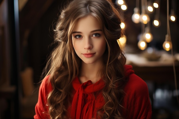 Piękna uśmiechnięta dziewczyna z długimi włosami, bliźniaczymi ogonami, niebieskimi oczami, czerwonym swetrem