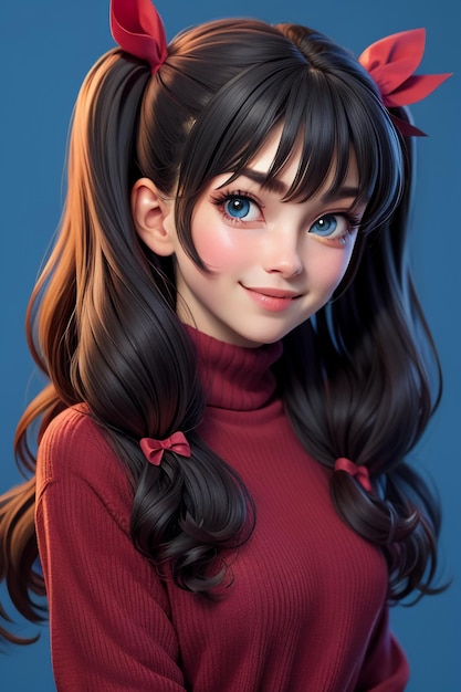 Zdjęcie piękna uśmiechnięta dziewczyna z długimi włosami twintails niebieskimi oczami czerwony sweter proste tło