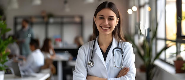 Piękna uśmiechnięta kobieta w miejscu pracy Kobieta lekarz ze stetoskopem izolowana na tle biura