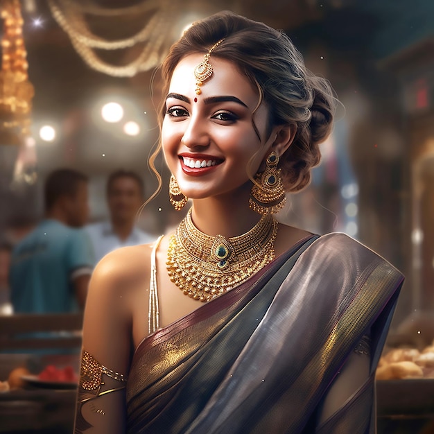 Piękna uśmiechnięta stylowa dziewczyna w pięknej jedwabnej sari
