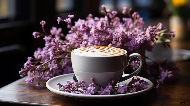 Piękna waniliowa lawendowa latte na drewnianym stole