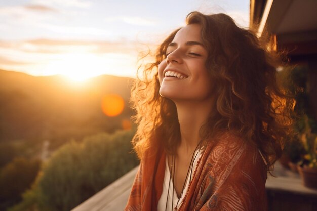 Piękna, wesoła młoda kobieta cieszy się zachodem słońca i naturą z zamkniętymi oczami na tarasie