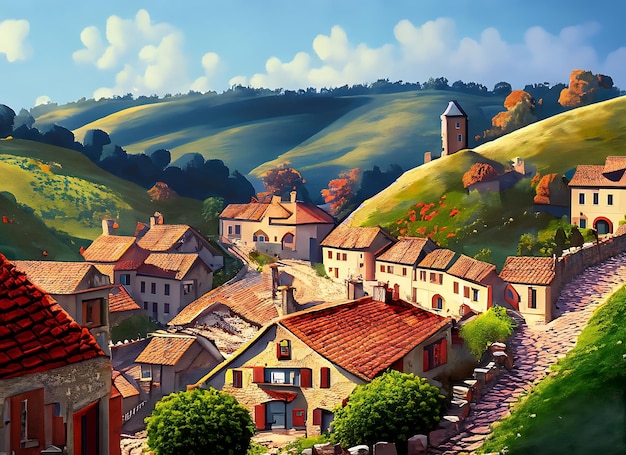 Piękna wiejska wioska położona wśród wzgórz