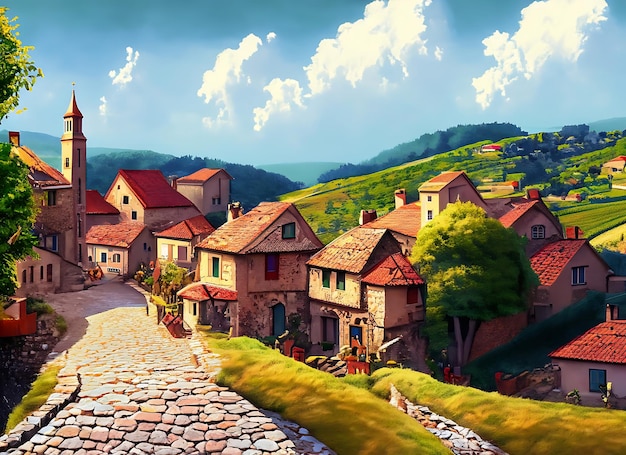 Zdjęcie piękna wiejska wioska położona wśród wzgórz