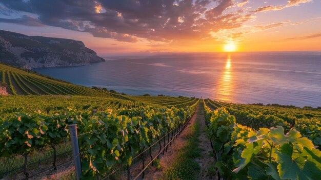 Piękna winnica na zboczach azurowego wybrzeża Francji promienie zachodu słońca ciepły letni wieczór