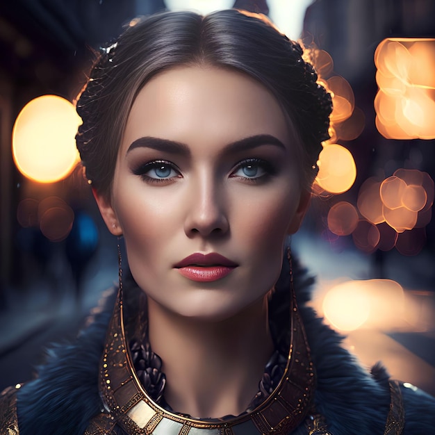 Piękna wojownicza kobieta wikingów na ulicznej nocnej sztuce generatywnej autorstwa AI