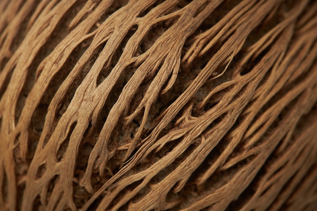 Zdjęcie piękna wolumetryczna tekstura zewnętrznej skorupy kokosa, zbliżenie