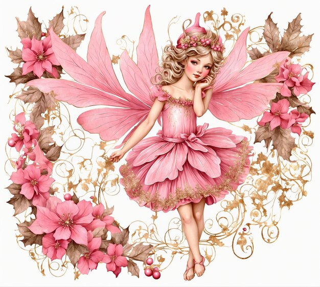 Piękna wróżka z różowymi skrzydłami i kwiatami na białym tle