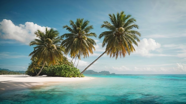 Piękna wyspa w niebieskiej wodzie, ocean, piaszczysta plaża, widok na wakacje, kokosy na morzu, drzewo 9