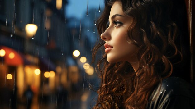 Piękna, zamyślona kobieta patrzy przez okno w nocy podczas deszczu i zrzuca generowane przez sztuczną inteligencję