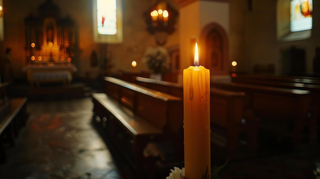 Piękna zapalona świeca w kościele Ciepły blask świecy tworzy spokojną i spokojną atmosferę idealną do modlitwy i refleksji