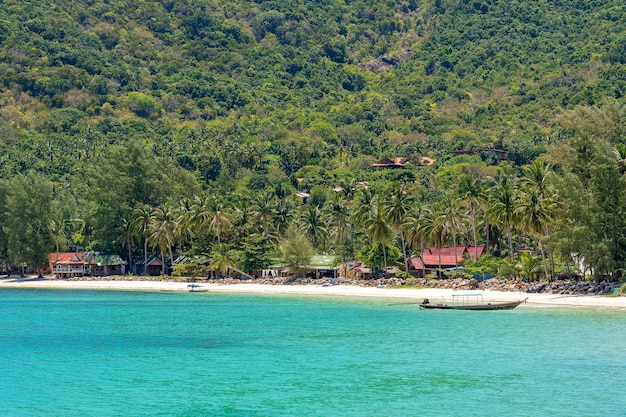 Piękna zatoka z palmami kokosowymi i łodziami Tropikalna piaszczysta plaża i woda morska na wyspie Koh Phangan Tajlandia