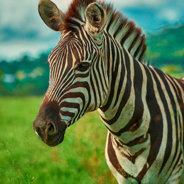 Piękna zebra w przybliżeniu na trawiastym polu