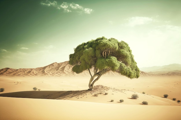 Piękna zgubna pustynia i samotne walczące zielone drzewo