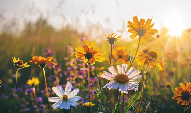 Piękna zielona letnia łąka z kwitnącymi dzikimi kwiatami z bliska Kwiatowe pole naturalne tło