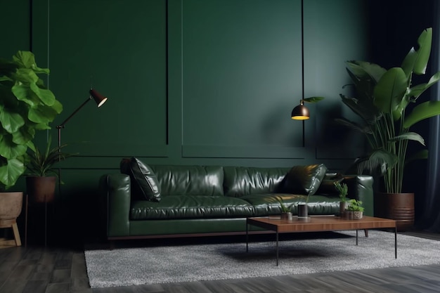 Piękna zielona ściana z nowoczesnymi meblami w salonie Generative AI
