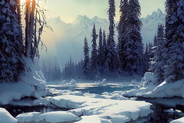 Piękna zimowa scena leśna z lodowatą wodą głęboki śnieg błękitne niebo słoneczna pogoda mróz