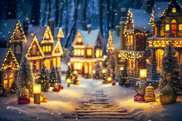Piękna zimowa wioska i choinka na górze Kartka świąteczna z życzeniami