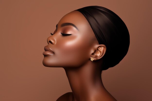 Piękna, zmysłowa, seksowna, młoda, czarna, afrykańska modelka z profilem, bokiem twarzy, dotykająca podbródka na brązowym tle.