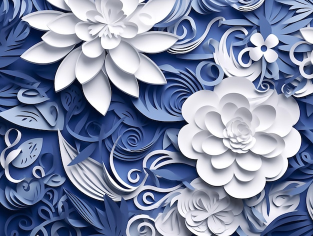 Piękne 3D niebieskie i białe kwiaty Wycinanka artystyczna Dekoracja Generowana przez sztuczną inteligencję