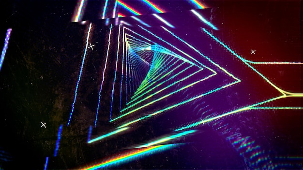 Piękne abstrakcyjne tło na temat cyfrowej usterki. Cyberprzestrzeń w ciemnych błękitach, fioletach i czerwieniach ze świecącymi neonowymi trójkątami tworzącymi tunel. Ilustracja.