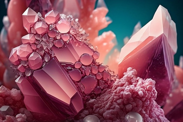Piękne abstrakcyjne tło z różowymi kryształami Tajemnicze kamienie szlachetne minerały Magiczny klaster kryształów Widok Closeup Generative AI